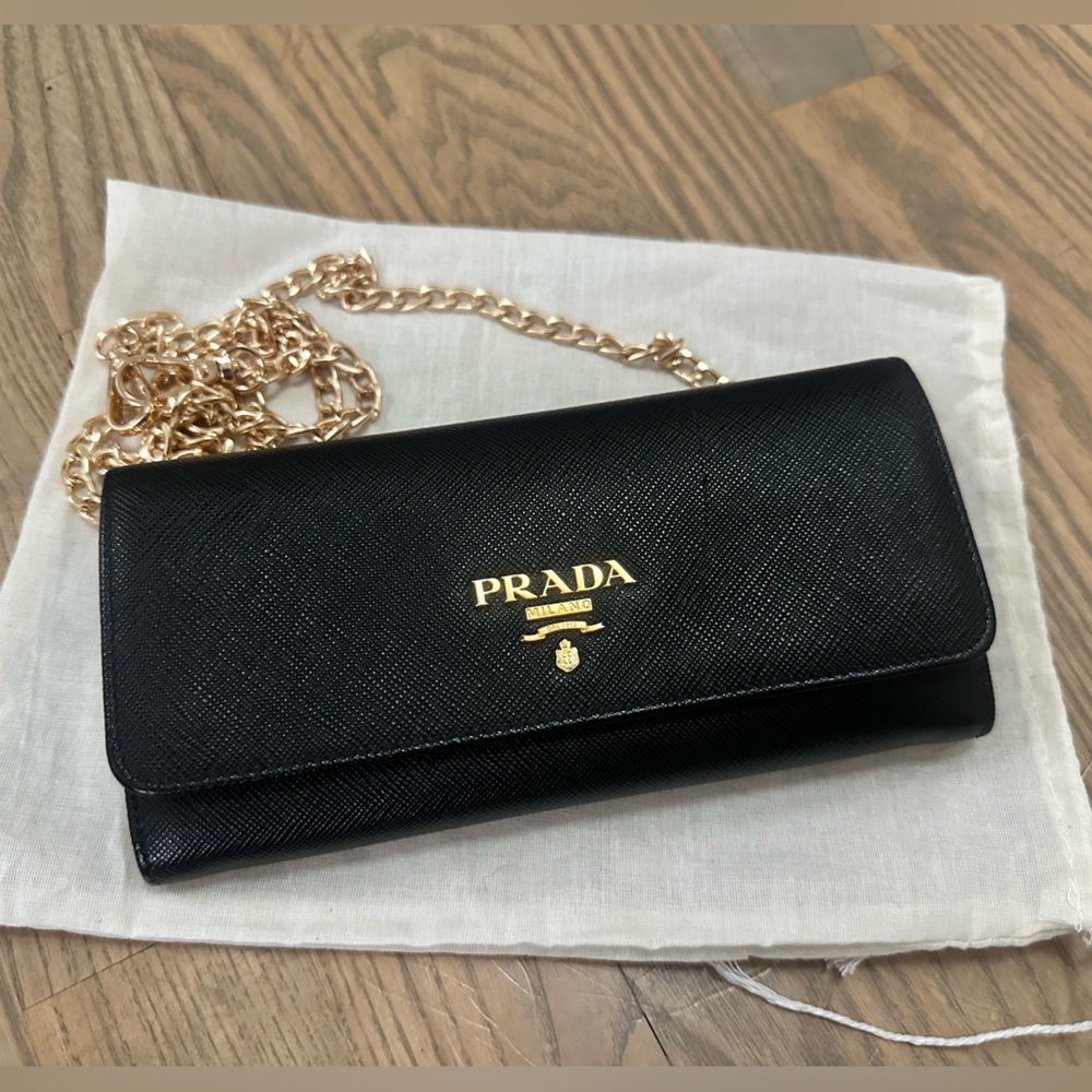 Prada Black Wallet with Gold Chain